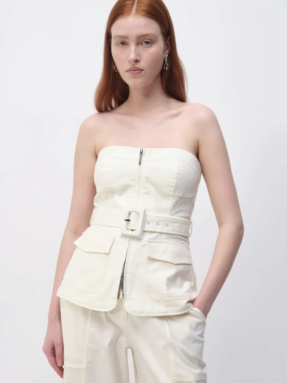 Simkhai Cotton Elettra Belted Bustier in Natural White, Size 4